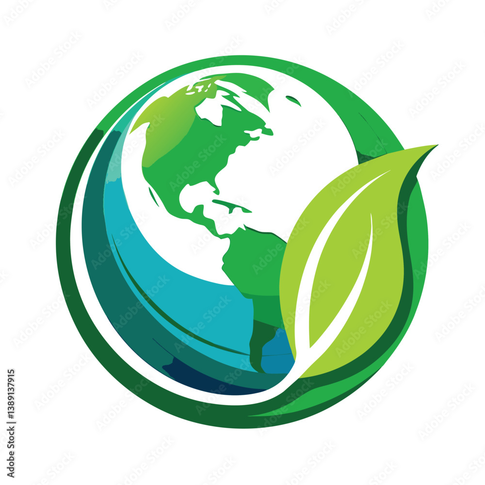 A green globe with a leaf design and a partial view of continents. A green globe with a leaf design and a partial view of continents.
