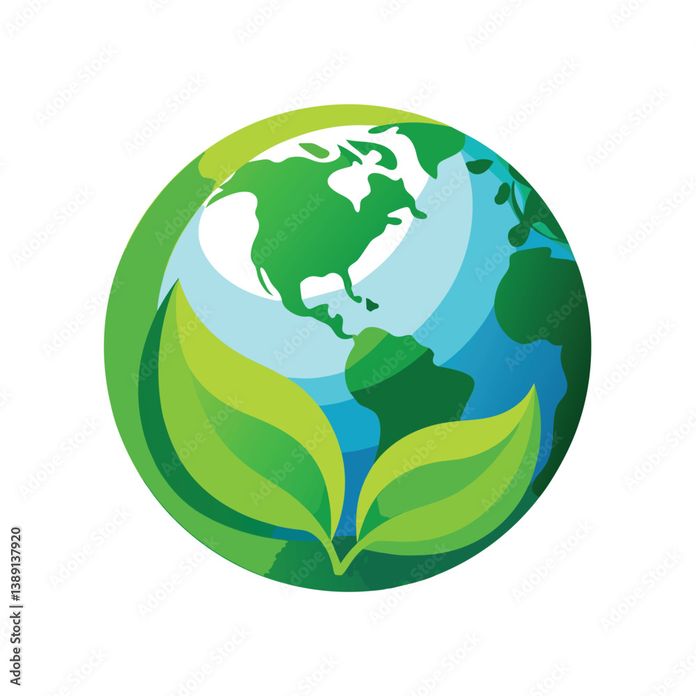 A colorful illustration depicting a stylized blue globe surrounded by two green leaves. A colorful illustration depicting a stylized blue globe surrounded by two green leaves.