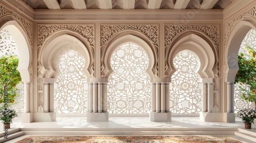 Ornate Moroccan archway patio  sunlight  plants  carpet