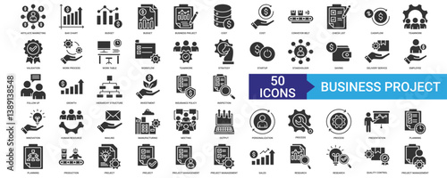 Business Project icon collection set with affiliate marketing, bar chart, budget, cost, conveyor belt