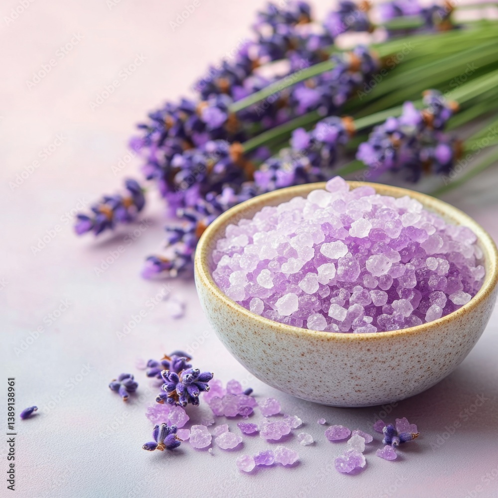 Aromatic lavender salt crystals in bowl with fresh lavender flowers on a soft pastel background for spa and wellness Aromatic lavender salt crystals in bowl with fresh lavender flowers on a soft pastel background for spa and wellness
