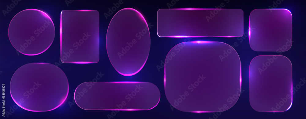 Glass frames with purple neon light set - rectangle and round, square and oval shapes with glowing effect. Futuristic glossy banner border design elements. Night club or game hud ui geometric signs.