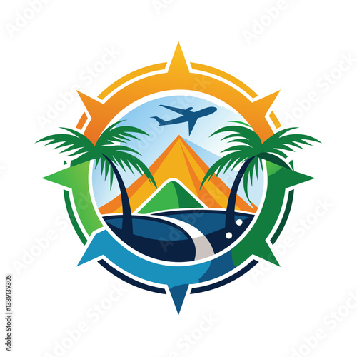An illustrative logo depicting a compass with a mountain, palm trees, and an airplane inside the circular frame. The image symbolizes travel and adventure.