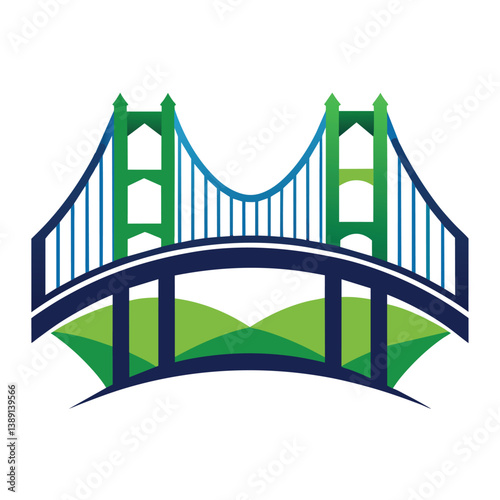 A simple vector illustration of a suspension bridge with green towers and a blue road.