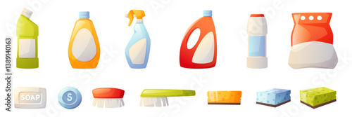 Cleaning tools, housework equipment, cleaning kit, cleaning product, sprayer, brush, sponges, soap, house cleaning vector illustration. Spring cleaning, cleaning, cleanliness in the house.