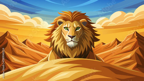 Vector illustration of a lion resting peacefully on a dune in a vast rocky desert. Ideal for serene yet powerful animal landscape designs