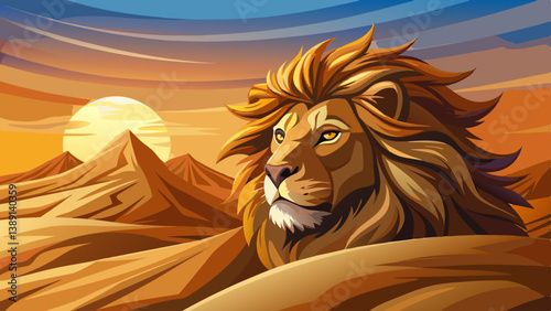 Vector illustration of a lion resting peacefully on a dune in a vast rocky desert. Ideal for serene yet powerful animal landscape designs