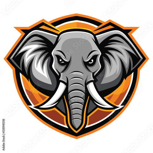 Digital illustration of a fierce, gray elephant mascot with large ears and tusks. Ideal for a sports team or brand logo. Yellow background with a black outline.