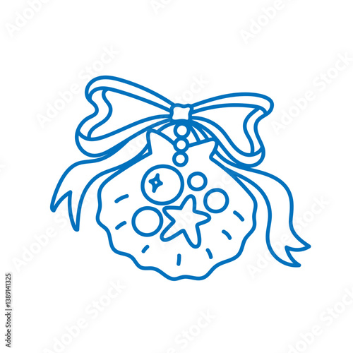 Coquette sea shell and ribbon bow with seastar, pearls. Hand drawn blue ink holiday clipart. Vintage summer beach vibe. Marine decorative element. Vector isolated illustration