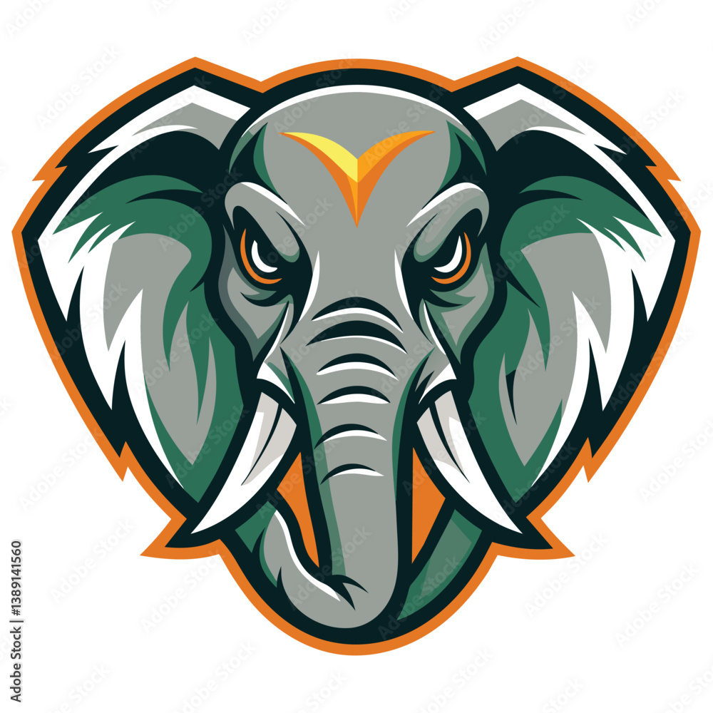 Obraz premium A digitally illustrated mascot head of an angry elephant with green, orange, and white colors, featuring a forward-facing perspective and sharp, detailed features.