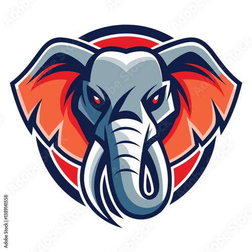 A stylized illustration of an elephant head with large ears, a long trunk, and red, blue, and gray colors.