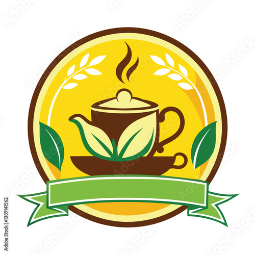 A stylized logo featuring a teapot and leaves on a yellow background with a green ribbon. This logo is perfect for tea-related businesses or organizations.