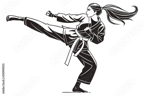 84 Silhouette, female martial artist, karate pose, dynamic stance, flowing hair, black and white, high contrast, minimalist design, action silhouette, strength, power, determination, side profile, gra