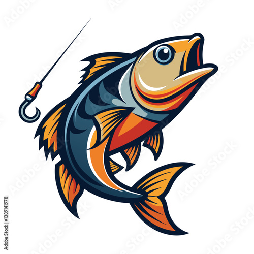 A vibrant cartoon fish jumps out of the water with a fishing hook in its mouth. The fish is blue, orange, and yellow, the hook is black and white.