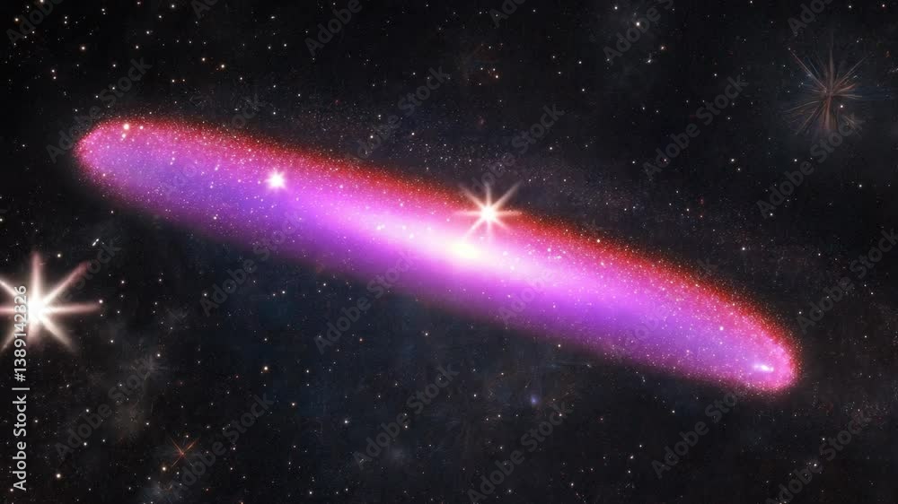 Detailed view of a pink and purple galaxy with visible stars and cosmic dust clouds in the deep dark void of space