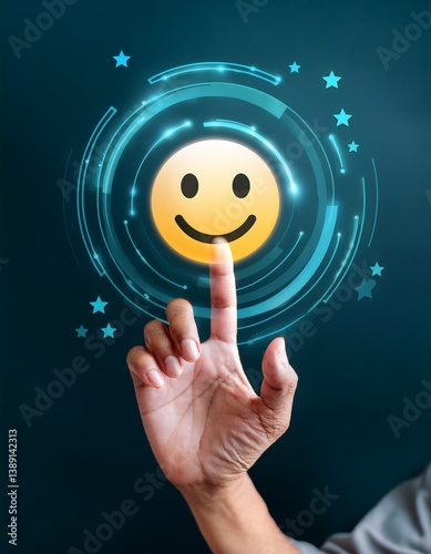 Customer Satisfaction and User Experience Concept – Hand Selecting Happy Face Emoji for Positive Feedback and Review Rating, Quality Service and Client Support Symbol