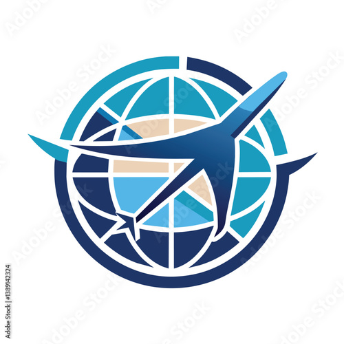 A stylized blue airplane is flying around a globe, representing travel and transportation.
