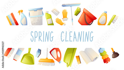 Rectangular banner, design element on the theme of spring cleaning. Cleaning kit, cleaning tools, cleaning agent, vector illustration. Spring cleaning, cleaning, cleanliness in the house.