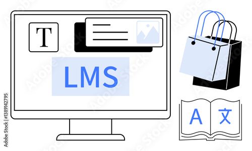 Computer screen displaying LMS, text, and image elements with adjacent shopping bags and bilingual book. Ideal for online learning, digital marketing, e-commerce, education, multilingual content