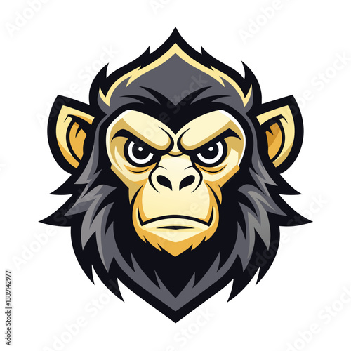A cartoon illustration of a chimpanzee head, looking directly at the viewer with an aggressive expression. The chimp has black fur, yellow skin, and intense black eyes.