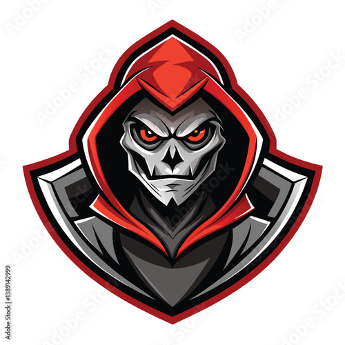 This is a digital illustration of a grim reaper mascot. It is a skull with glowing red eyes, wearing a red hood. The mascot has a menacing expression.