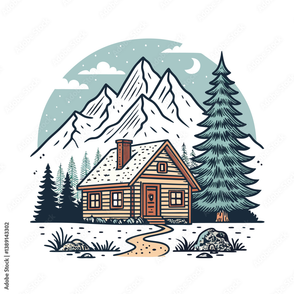 Obraz premium Retro Vintage Style Cabin, Mountain, and Pine Tree Line Art T-Shirt Design