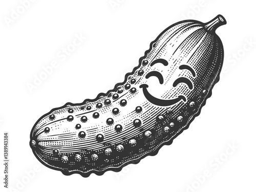 smiling cucumber pickle with a cheerful face, drawn in a retro style with playful details sketch engraving generative ai vector illustration. Scratch board imitation. Black and white image.