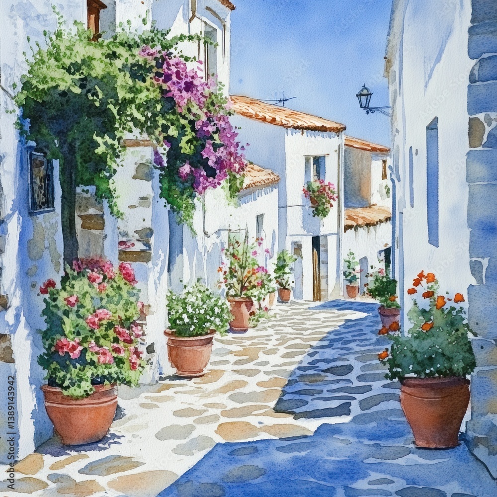 Naklejka premium A watercolor painting depicting a sunny village street scene with flowers