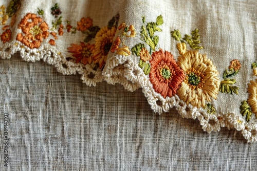 Minimalistic close-up of rustic embroidered fabric design with floral motif