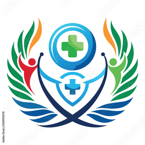 A vibrant logo featuring two stylized figures holding up a medical symbol with a cross surrounded by leaves.
