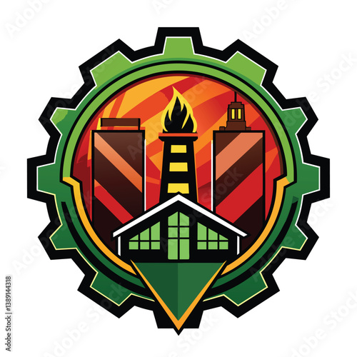 This is a logo with a green gear shape around a red and orange background. In the center are two skyscrapers on either side of a burning flame and an oil derrick in the middle.