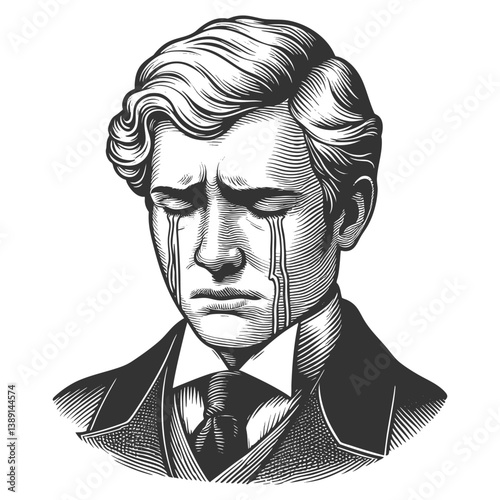 man in a suit, crying with an intense and emotional facial expression, symbolizing sadness and vulnerability sketch engraving generative ai vector illustration. Scratch board. Black and white image.