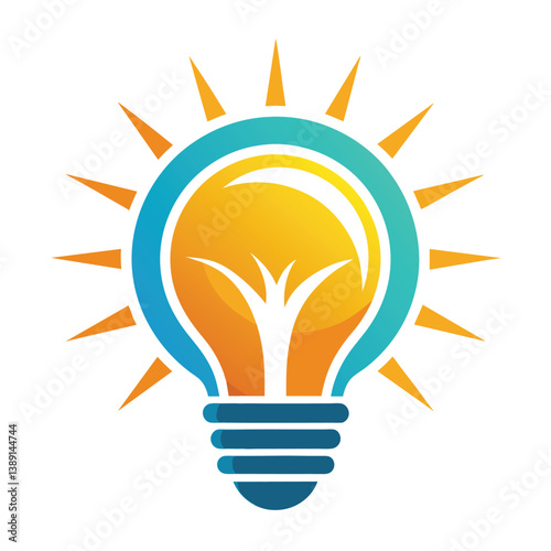 A bright yellow light bulb with a blue outline and a sunburst design.