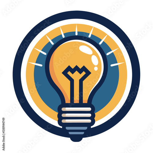 A simple illustration depicting a yellow light bulb with radiating light rays, surrounded by a blue and yellow circle.