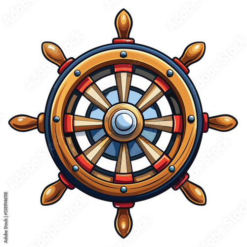 A cartoon illustration of a traditional wooden ship steering wheel with spokes, a blue center, and red and brown accents.