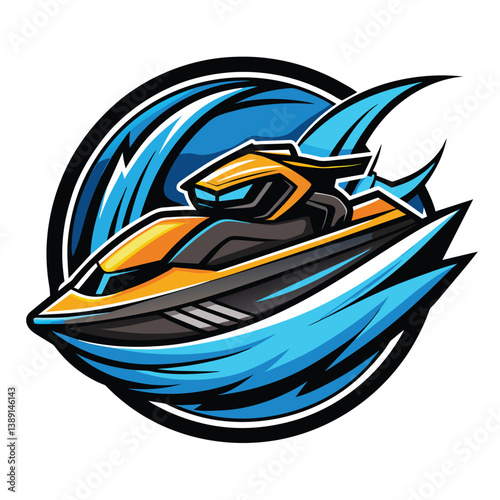 An illustration of a yellow and black jet ski speeding through blue waves. The jet ski is depicted as a sleek and powerful machine, with a dynamic and energetic design.