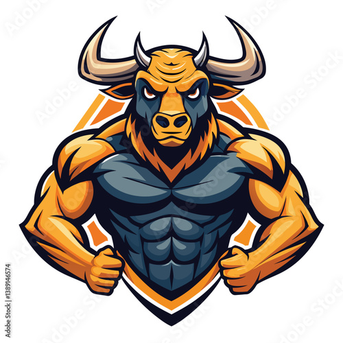 Cartoon drawing of a muscular bull mascot with orange horns and blue torso, standing with crossed arms. Background has an orange and yellow circle.