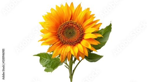 isolated transparent Background. vibrant sunflower with detailed center and lush green leaves, radiating warmth and beauty