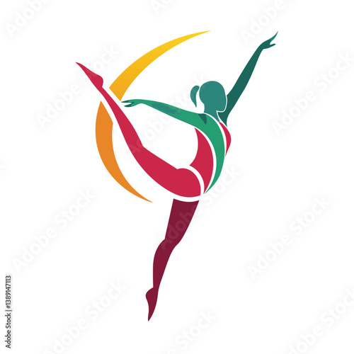 Abstract illustration of female gymnast doing a backbend with leg extended, silhouetted in green, red, white, with yellow and orange circle.