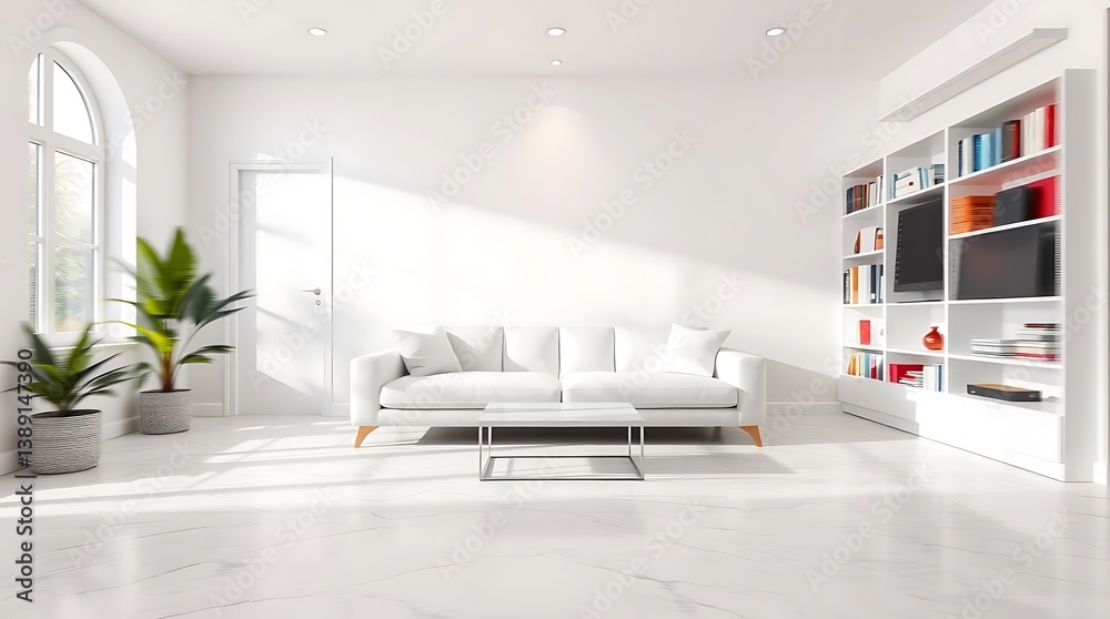 Modern Cozy minimalist living room design with a white sofa,book shelf, open layout, Scandinavian living style, open-concept living, minimalist design. Modern Cozy minimalist living room design with a white sofa,book shelf, open layout, Scandinavian living style, open-concept living, minimalist design.