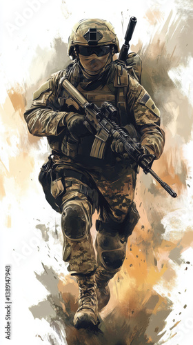 A digital illustration of a soldier in camouflage gear running forward with a rifle in hand against a neutral, painterly backdrop.