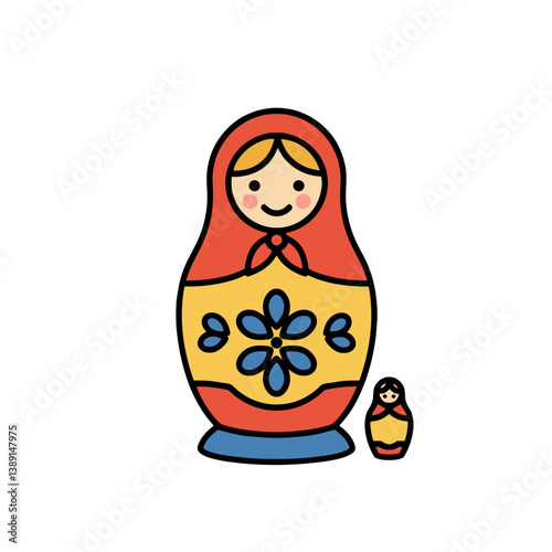 Russian doll smiling next to smaller nesting doll on white background  