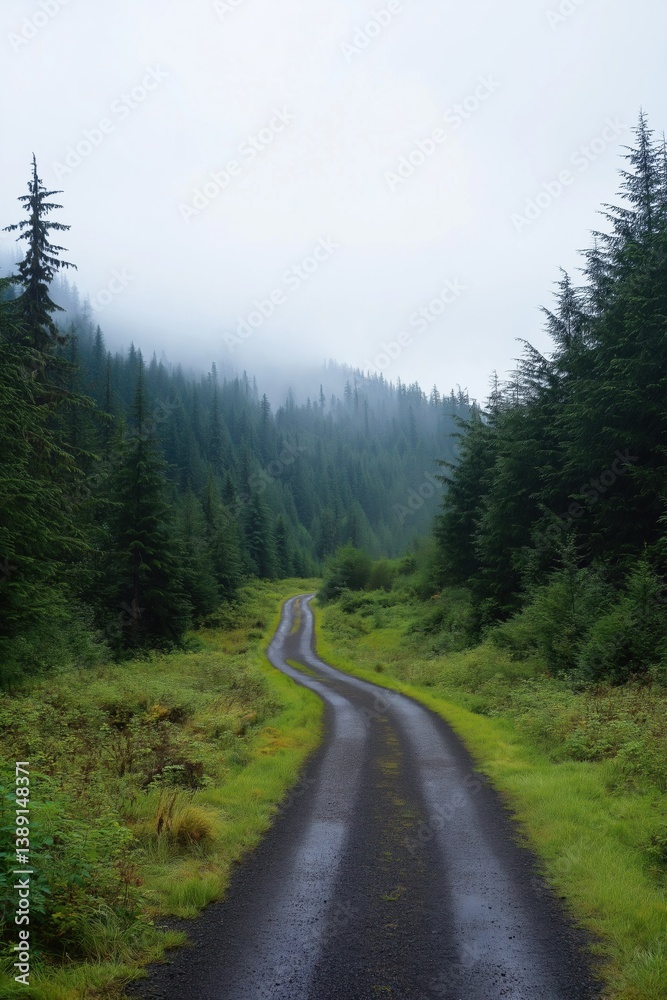 Serene misty forest pathway through evergreen trees on a cloudy day Serene misty forest pathway through evergreen trees on a cloudy day