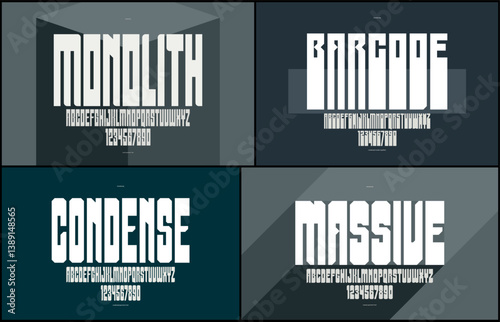 Tall geometric vector fonts set, bold and massive condensed alphabet typefaces, strong and heavy typeset collection, useful for logo creation, urban letters set.