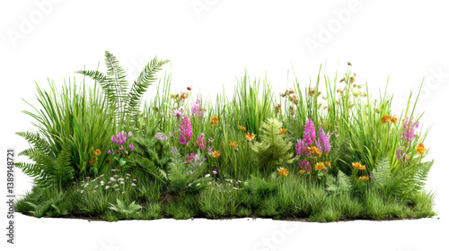 isolated transparent Background. Lush green grass patch with vibrant flowers and ferns creating lively garden scene