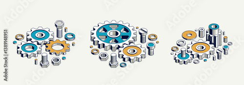 Mechanical engineering concept set, gears and cogs composition isometric 3D vector illustration, cogwheels system technology and technics machinery engine.