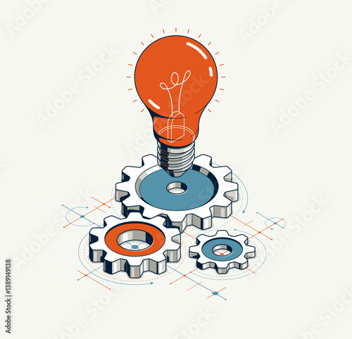 Engineering idea concept, innovation, invention and solution metaphor, light bulb with gears vector 3D isometric illustration, mechanical engine works.
