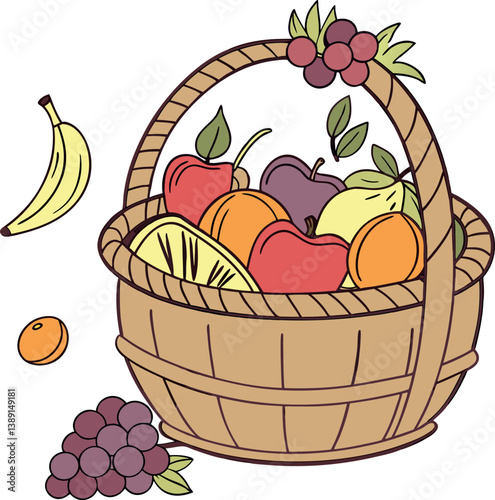 A vector illustration shows a fresh basket of healthy fruits like apple, banana, orange, and grape