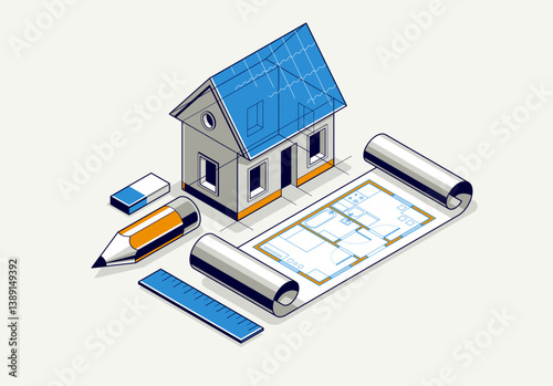House project concept, 3D isometric vector illustration of a small house and blueprint building project, construction architectural model, residential family small house.