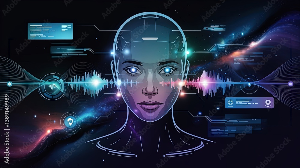 Cybernetic Intelligence: A mesmerizing portrayal of a female android, her visage framed by pulsating digital interfaces, embodying the fusion of human form and advanced technology. Cybernetic Intelligence: A mesmerizing portrayal of a female android, her visage framed by pulsating digital interfaces, embodying the fusion of human form and advanced technology.